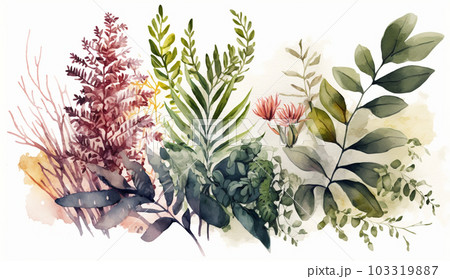 背景や挿絵用の植物の水彩画