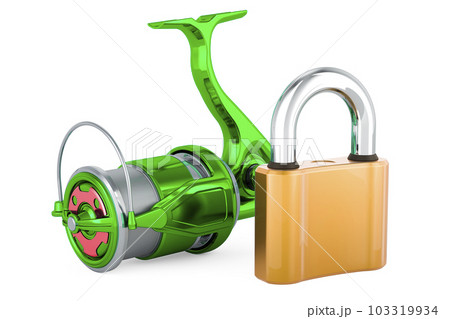Spinning reel with padlock. 3D rendering 103319934
