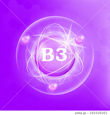Vitamin B3 icon structure purple substance of butterfly pea. Medicine health symbol of thiamine. Drug business concept. Vector Illustration. 3D. Complex with chemical formula. Personal care, beauty. 103320201