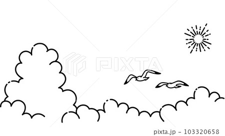 カモメの飛ぶ夏空のイラスト、夏のイメージの背景素材（モノクロ線画） 103320658
