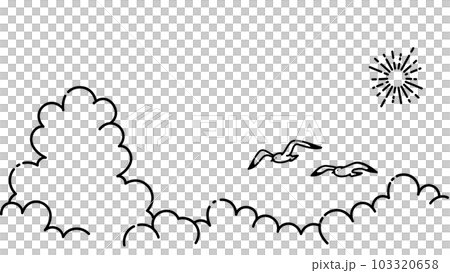 カモメの飛ぶ夏空のイラスト、夏のイメージの背景素材（モノクロ線画） 103320658
