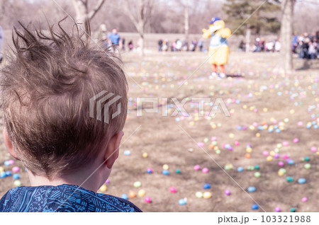 Selective focus on a single child looking out over a field of plastic Easter eggs at a public hunting event. 103321988