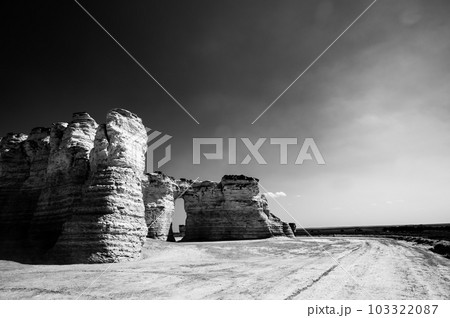 Monument Rocks in Grove County, Kansas. The chalk rock formation is a listed National Natural Landmark. Monument Rocks in Grove County, Kansas. The chalk rock formation is a listed National Natural Landmark. 103322087