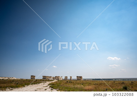 Monument Rocks in Grove County, Kansas. The chalk rock formation is a listed National Natural Landmark. Monument Rocks in Grove County, Kansas. The chalk rock formation is a listed National Natural Landmark. 103322088