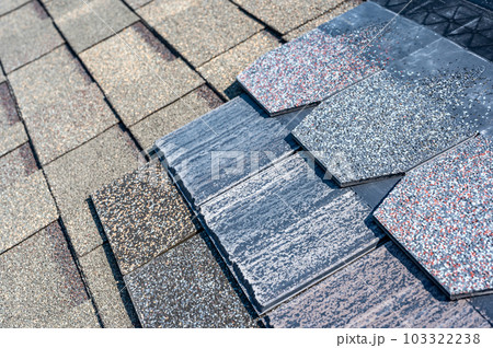 Assorted selection of premium synthetic roof shingles to pick a new style. Assorted selection of premium synthetic roof shingles to pick a new style. 103322238