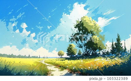 草原と青空を水彩画で表現