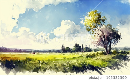 草原と青空を水彩画で表現