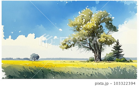 草原と青空を水彩画で表現
