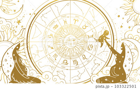 Pregnancy and conception according to the zodiac sign, the birth of children according to the lunar calendar. Beautiful banner with golden zodiac wheel and pregnant women on white background. Boho Pregnancy and conception according to the zodiac sign, the birth of children according to the lunar calendar. Beautiful banner with golden zodiac wheel and pregnant women on white background. Boho 103322501