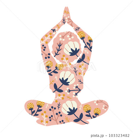 Yoga girl silhouette with flowers in lotus position isolated. Tattoo, sticker or print design vector illustration 103323482