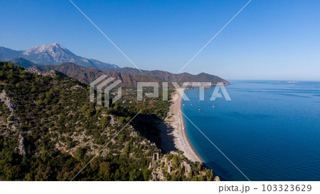 View of Olympos - Chiraly beach and Mediterranean Sea on sunny summer day. Turkey. 103323629