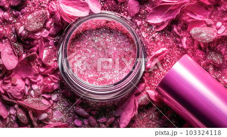 Makeup cosmetics, glitter glossy eye shadow or face blush, glitter in jar, pink glitter background, barbicor style. Beauty concept 103324118