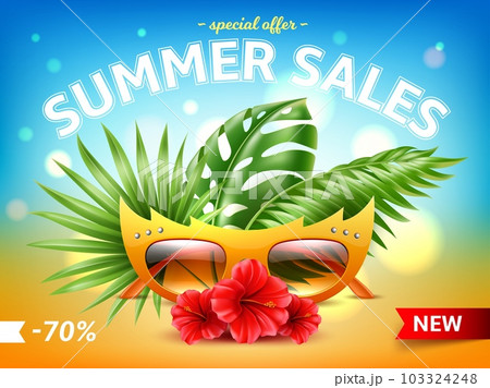 Sunglasses sale summer poster. Realistic beach glasses in funny frame, palm leaves, bright hibiscus flowers on sand, tropical 3d elements web banner design, special offer utter vector concept Sunglasses sale summer poster. Realistic beach glasses in funny frame, palm leaves, bright hibiscus flowers on sand, tropical 3d elements web banner design, special offer utter vector concept 103324248