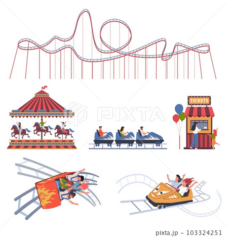 Roller coaster. Amusement park elements, happy visitors in trailers, men and women on carousel, ticket office, parents with children. Cartoon flat isolated illustration. Nowaday vector set 103324251