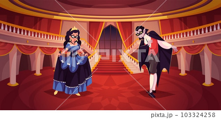 Masquerade people scene. Vampire and queen at ball, palace room, invitation to dance, curtsey costumed halloween party. Characters on performance cartoon flat illustration tidy vector concept Masquerade people scene. Vampire and queen at ball, palace room, invitation to dance, curtsey costumed halloween party. Characters on performance cartoon flat illustration tidy vector concept 103324258