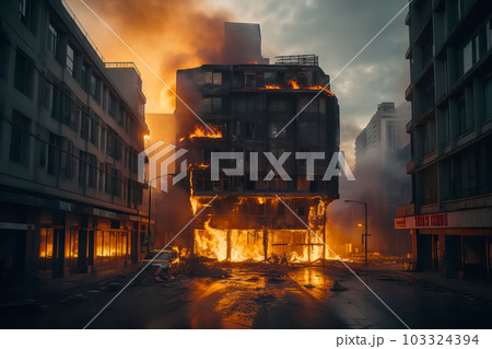 Big fire in city. Burning buildings with fire and smoke. Generative AI illustration 103324394