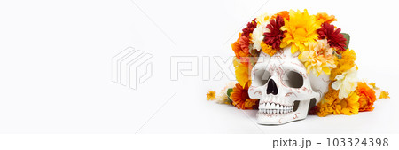 Banner with White skull in marigold flowers wreath. Dia de los muertos. Generative AI illustration Banner with White skull in marigold flowers wreath. Dia de los muertos. Generative AI illustration 103324398