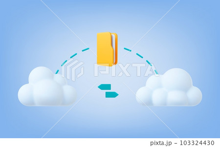 Download and cloud office 3d service concept. File sharing, yellow folder and white clouds. Digital modern technologies, vector data server scene 103324430