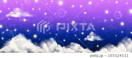 Night sky background with clouds and star. Purple dreamy space wallpaper. Cute abstract celestian universe. Cartoon magic evening gradient. Vector 103324511