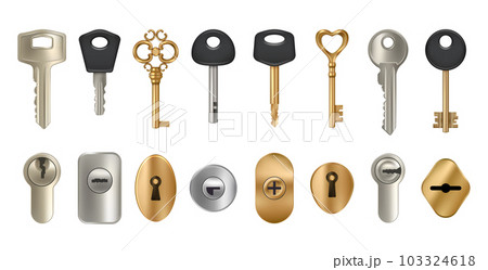Keyholes. Key locks and keyholes in doors decent vector realistic pictures Keyholes. Key locks and keyholes in doors decent vector realistic pictures 103324618