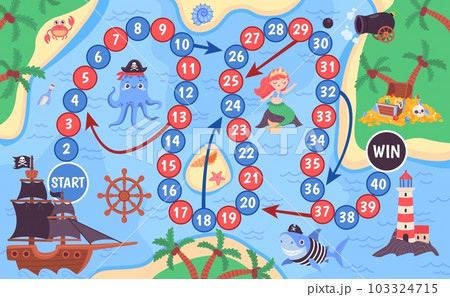 Pirate board game. Attraction games with map labyrinth road to island treasure, kid education gaming bones on number ladder path sea Pirate board game. Attraction games with map labyrinth road to island treasure, kid education gaming bones on number ladder path sea 103324715