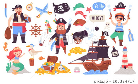 Pirate adventure collection. Doodle pirates cute sticker, marine set kid piracy ship decor child piratin theme, sea treasure mermaid ocean sailing, ingenious vector illustration 103324717