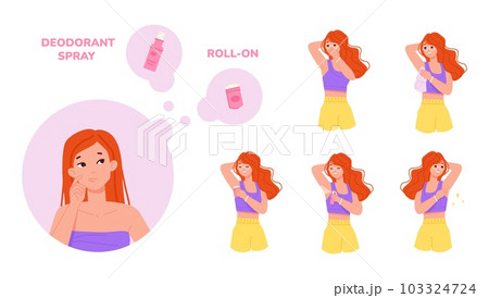 Woman body deodorant. Women apply deodorizer spray antiperspirant roll on for sweaty bad odor armpit, smelling and clean fresh fragrance underarm care hygiene vector illustration 103324724