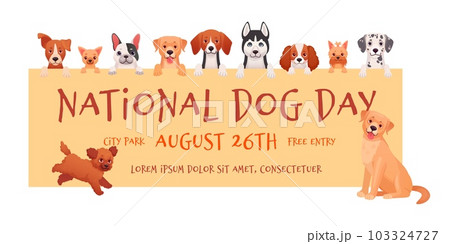 National dog day. International dogs appreciation or breed presenting awards days, veterinary flyer cartoon puppy purebred pets, animal party celebration banner vector illustration National dog day. International dogs appreciation or breed presenting awards days, veterinary flyer cartoon puppy purebred pets, animal party celebration banner vector illustration 103324727
