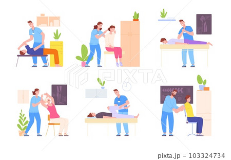 Osteopath treatment. Osteopathic massage, chiropractic physiotherapy or manual therapy adjustment and rehabilitation neck spine stabilise manipulation, splendid vector illustration Osteopath treatment. Osteopathic massage, chiropractic physiotherapy or manual therapy adjustment and rehabilitation neck spine stabilise manipulation, splendid vector illustration 103324734