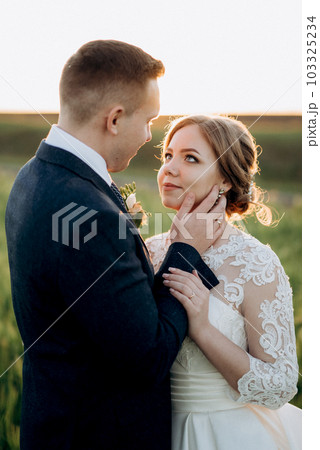 the groom and the bride walk along the wheat green field 103325234