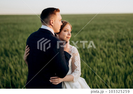 the groom and the bride walk along the wheat green field 103325259