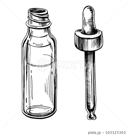 Glass bottle with pipette for cosmetics, oils, serum. The illustration is graphic hand-drawn. Eps vector, isolated objects on white background. Glass bottle with pipette for cosmetics, oils, serum. The illustration is graphic hand-drawn. Eps vector, isolated objects on white background. 103325303