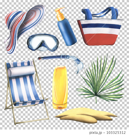 A collection of beach accessories, summer, bright, for relaxation and entertainment. Watercolor illustration, hand drawn. Set of isolated objects on a white background. 103325312