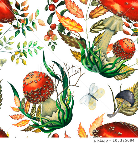 Watercolour seamless pattern with fly agarics big and small mushrooms compositions, autumn wild forest leaves, butterfly, fungus, branches, lingonberry, cranberry, and blueberry herbs hand drawn Watercolour seamless pattern with fly agarics big and small mushrooms compositions, autumn wild forest leaves, butterfly, fungus, branches, lingonberry, cranberry, and blueberry herbs hand drawn 103325694