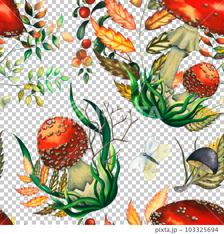 Watercolour seamless pattern with fly agarics big and small mushrooms compositions, autumn wild forest leaves, butterfly, fungus, branches, lingonberry, cranberry, and blueberry herbs hand drawn Watercolour seamless pattern with fly agarics big and small mushrooms compositions, autumn wild forest leaves, butterfly, fungus, branches, lingonberry, cranberry, and blueberry herbs hand drawn 103325694