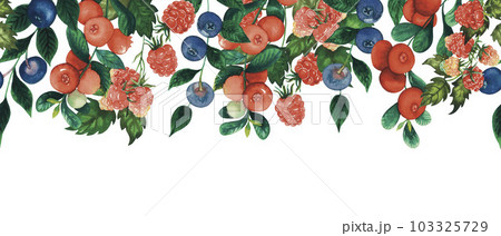 Seamless watercolour forest berries raspberry, blueberry, cranberry border with berries and leaves hand drawn isolated on white 103325729