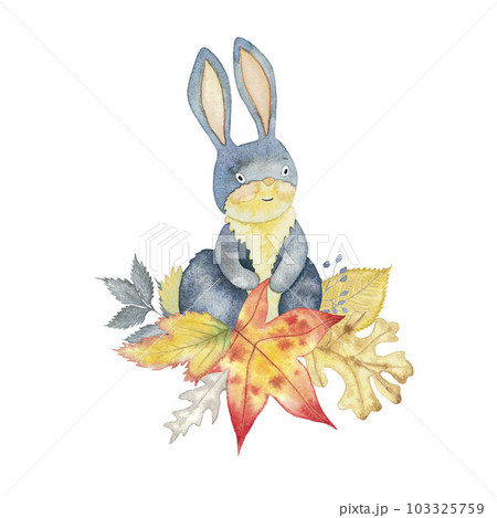 Autumn watercolour card with bunny and leaves of oak tree, maple, elm, fantasy herbs hand drawn isolated on white 103325759