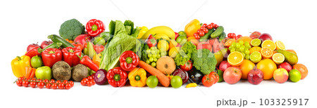 Wide collage of fresh fruits and vegetables for layout isolated on white background. Wide collage of fresh fruits and vegetables for layout isolated on white background. 103325917