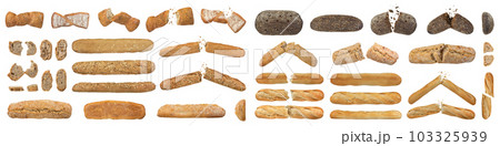 Many different loaves of bread, different varieties and shapes isolated on a white background. Full size loaves of bread, cut into slices or broken apart. Bread isolate for inserting into design. 103325939