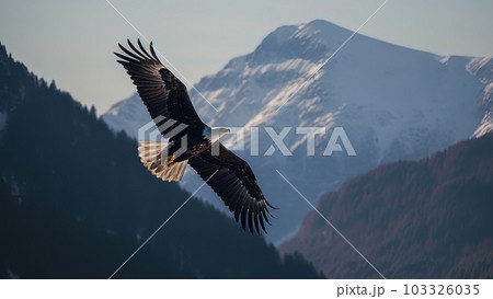 Eagle flying over mountains, huge wingspan. Generative AI Eagle flying over mountains, huge wingspan. Generative AI 103326035