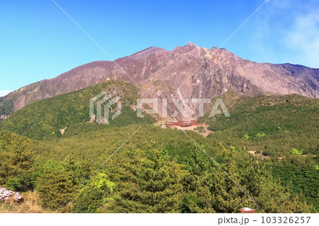 【鹿児島県】晴天の湯之平展望所から見た桜島の山頂（噴火口） 103326257