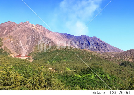 【鹿児島県】晴天の湯之平展望所から見た桜島の山頂(噴火口) 【鹿児島県】晴天の湯之平展望所から見た桜島の山頂(噴火口) 103326261