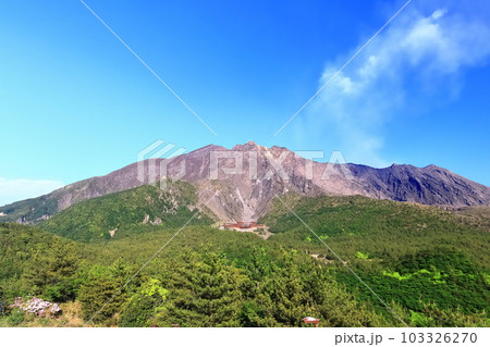 【鹿児島県】晴天の湯之平展望所から見た桜島の山頂（噴火口） 103326270