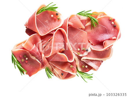 italian parma ham with rosemary and pepper isolated on white background. 103326335