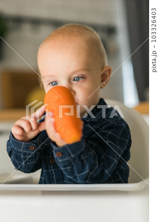 Happy baby sitting in high chair eating carrot in kitchen . Healthy nutrition for kids. Bio carrot as first solid food for infant. Children eat vegetables. Little boy biting raw vegetable. Happy baby sitting in high chair eating carrot in kitchen . Healthy nutrition for kids. Bio carrot as first solid food for infant. Children eat vegetables. Little boy biting raw vegetable. 103326403