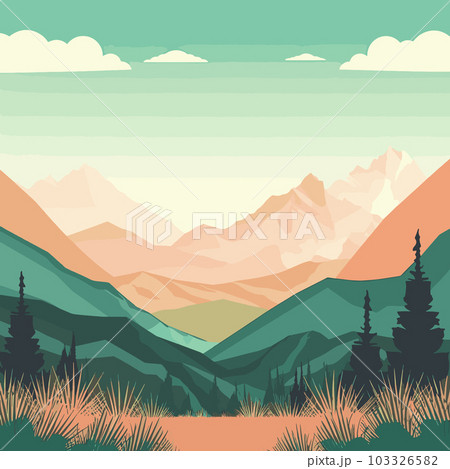 Vector illustration with a simple bright landscape with beautiful lake and mountains in the background of beautiful sky Vector illustration with a simple bright landscape with beautiful lake and mountains in the background of beautiful sky 103326582