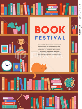 Bookshelf concept illustration. A lot of books on the shelf, clock, cat, plant and globe 103326593