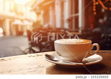Cappuccino cup with coffee art on the table of European street cafe at sunset. Romantic vintage style. AI generated. Cappuccino cup with coffee art on the table of European street cafe at sunset. Romantic vintage style. AI generated. 103326609