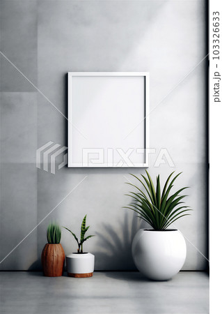 Empty frame mockup in minimalist interior with window and plant on grey sunlit wall background. Template for artwork, painting, photo or presentation. AI generated image. Empty frame mockup in minimalist interior with window and plant on grey sunlit wall background. Template for artwork, painting, photo or presentation. AI generated image. 103326633