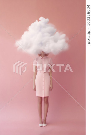 Beautiful young woman with a white cloud covering her head on a pastel pink background in minimalist design. AI generated image. 103326634